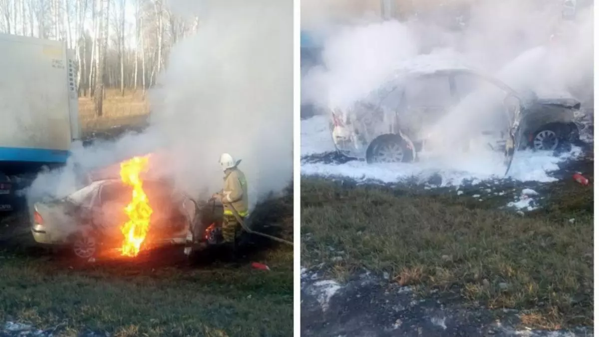 Машина сгорела дотла в ДТП под Тюменью